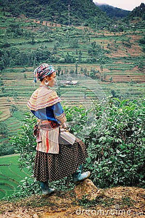 Flower hmong woman at a mountain village market Editorial Stock Photo