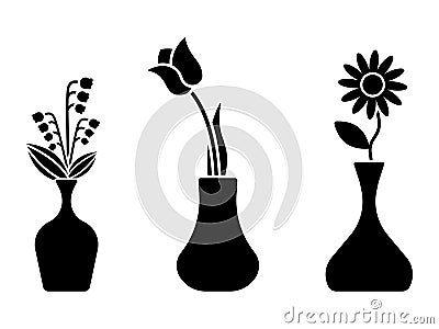 Flower icon, sign, symbol, black and white vector set. Group of blossom in vase flat simple style. Vector Illustration