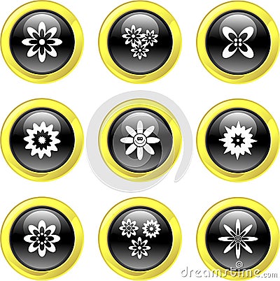 Black Gold Glassy Bubble Button Flower Icons Stock Photo