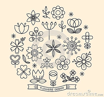 Flower icons outline style vector Vector Illustration