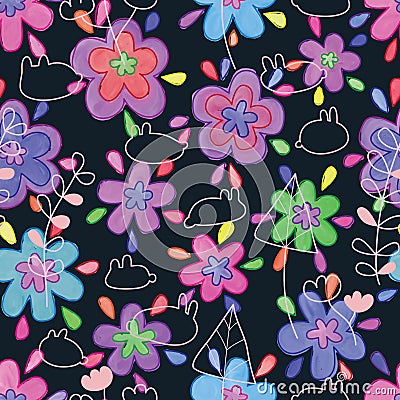 Flower layer line watercolor rabbit plant line seamless pattern Vector Illustration