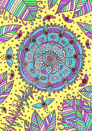 Flower, leaves, flies and sky - fantastic psychedelic background in yellow and blue colors. Hand drawn illustration. Vector Vector Illustration