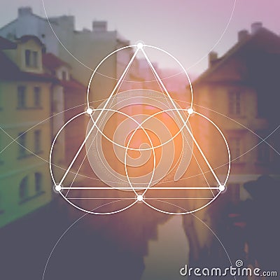 Flower of life - the interlocking circles ancient symbol in front of blurred photorealistic nature background. Sacred geometry - m Stock Photo