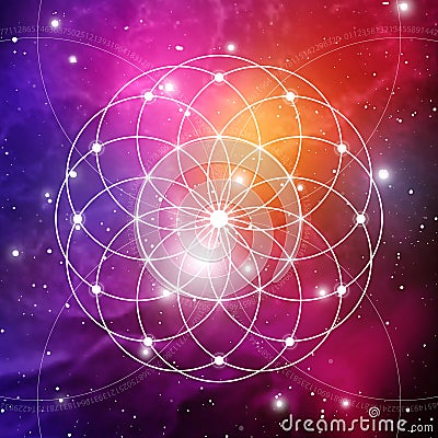 Flower of life - the interlocking circles ancient symbol on outer space background. Sacred geometry. The formula of nature. Stock Photo