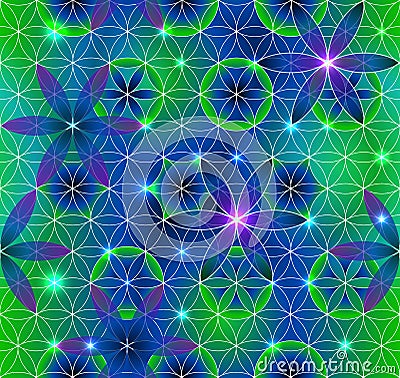 Flower of Life. Sacred geometry. Seamless pattern. Green and purple. Stock Photo