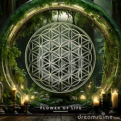 Flower Of Life symbol (sacred geometry) with title. Stock Photo