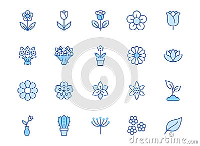 Flower line icon set. Rose, tulip in vase, fruit bouquet, spring blossom, cactus minimal vector illustration Simple blue Vector Illustration