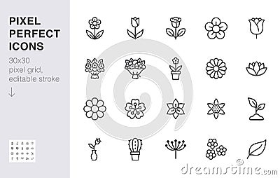 Flower line icon set. Rose, tulip in vase, fruit bouquet, spring blossom, cactus minimal vector illustration Simple Vector Illustration