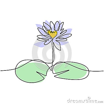 Flower lotus continuous line vector illustration. Beautiful water lily isolated on white background. Nature water plant ecology Vector Illustration