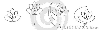 Flower lotus continuous line vector illustration set with editable stroke for floral design or logo. Vector Illustration