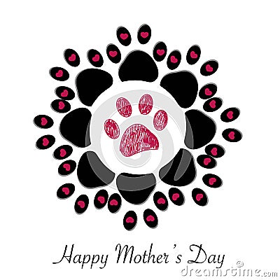 Flower made of Paw print with hearts and ``Happy Mother`s Day`` text greeting card Vector Illustration