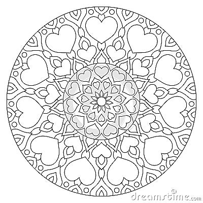 Flower mandala with hearts. Coloring page for Vector Illustration