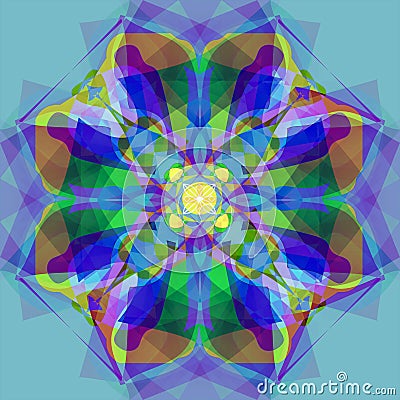 FLOWER MANDALA. PLAIN TURQUOISE BACKGROUND, COLORFUL IMAGE IN GREEN, YELLOW, BLUE, PURPLE AND VIOLET Stock Photo