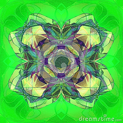 FLORAL MANDALA . TEXTURED GREEN BACKGROUND. TIFFANY STYLE. CENTRAL FLOWER IN GREEN, BLUE, YELLOW, PURPLE Stock Photo