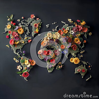 Flower Map, a World Map Made of Flowers on Dark Background Stock Photo