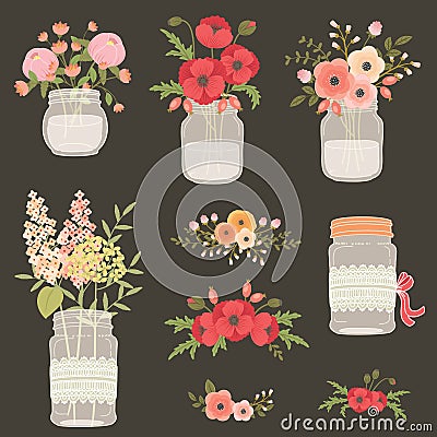 Flower in mason jars. Vector Illustration