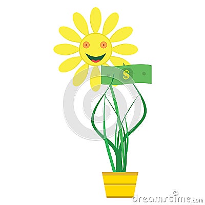 Flower with money. Yellow happy flower holds paper dollar. Vector illustration. Vector Illustration