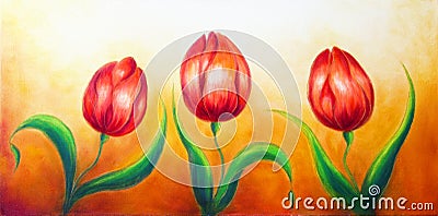 Flower motive, three dancing red tulip flowers, beautiful bright colorful painting on ocre background. Stock Photo