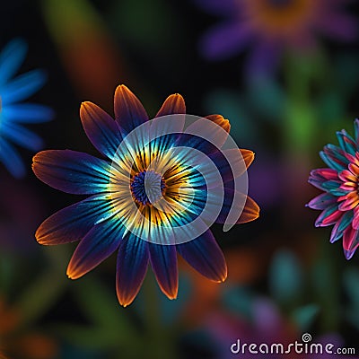 Flower Multicolor neon light drawing, tulip flowers isolated on black background Glowing line artt. Stock Photo