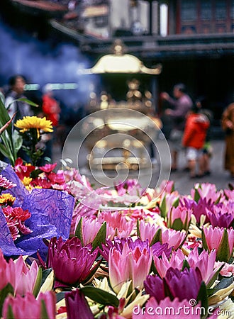 Flower Offerings At Lungshan Temple Stock Photo