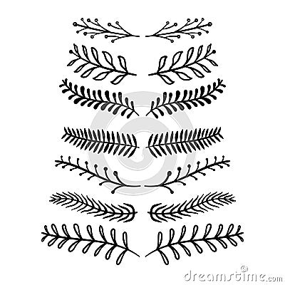 Flower ornament dividers. Hand drawn floral sketch leaves ornaments. Vector Illustration