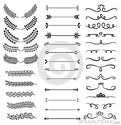 Flower ornament dividers. Hand drawn vines decoration, floral ornamental divider and sketch leaves ornaments. Ink flourish and Vector Illustration