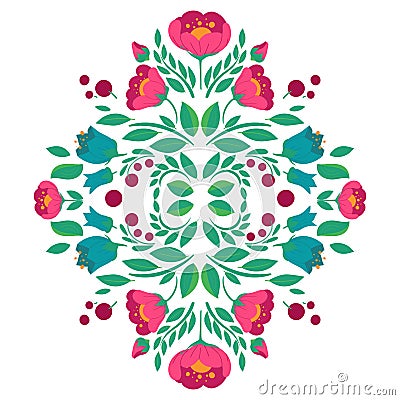 Symmetrical vector floral ornament. Folk art decoration with meadow and garden flowers and berries Vector Illustration