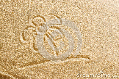 The flower is painted in the sand. Beach background. Top view. The concept of summer, summer kanikkuly, vacation, holydays Stock Photo