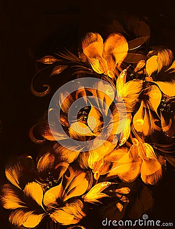 Flower painting on black background. Orange color.. Stock Photo