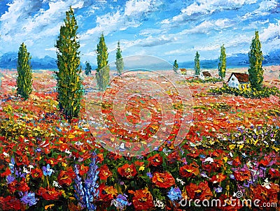 Flower painting Field of red poppies. ORIGINAL oil painting of flowers, beautiful red flowers landscape. Stock Photo