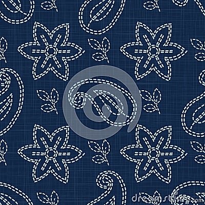 Flower Paisley Motif Embroidery Motif Background. Japanese Sashiko Needlework Seamless Linen Pattern. Hand Running Vector Illustration