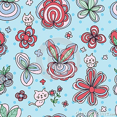 Flower pastel cat cute seamless pattern Vector Illustration