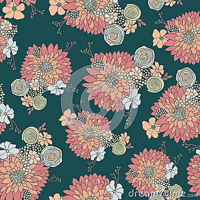 Flower pattern seamless background vector. Floral arrangements with Aster, Daisy, Petunia, and chamomile flowers coral, pink blue, Vector Illustration