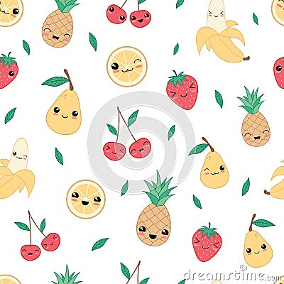 Kawaii happy fruit seamless pattern vector. Stock Photo