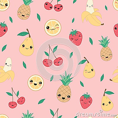 Kawaii happy fruit seamless pattern vector. Stock Photo