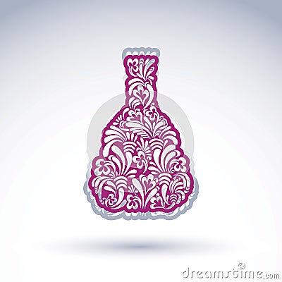 Flower-patterned decorative bottle, alcohol theme object Vector Illustration