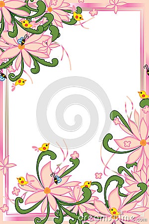 Flower pink pastel bee bird swirl green leaves frame Vector Illustration