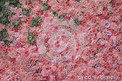 Flower pink roses texture. Natural decor. Wedding decoration, handmade romantic wall Stock Photo