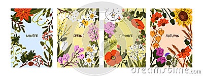 Flower posters for four seasons. Spring, summer, fall, autumn, winter cards designs. Nature seasonal banners set Vector Illustration