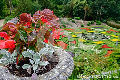 Flower pot and gardens at Lyme Hall in Peak District, Cheshire, Stock Photo