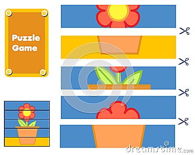 Flower in pot. Puzzle for toddlers. Match pieces and complete the picture. Educational game for children Vector Illustration