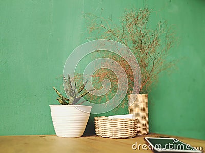 3 flower pots placed on the table Stock Photo