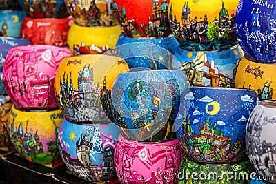 Flower pots- traditional souvenirs in Prague Editorial Stock Photo