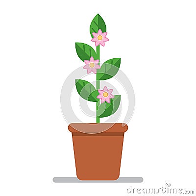 A flower in a potted garden with pink flowers. Flat style. Vector. Cartoon Illustration