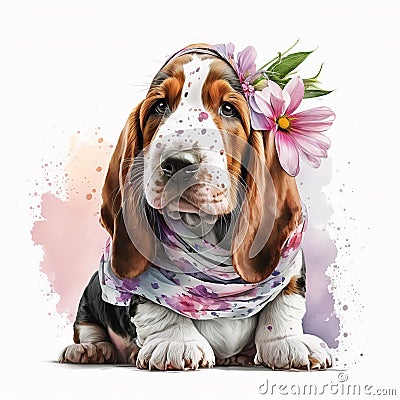 Flower Power: Adorable Basset Hound in Pajamas Basking in a Garden of Colorful Blooms AI Generated Stock Photo