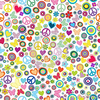 Flower power background seamless pattern with flowers, peace signs, circles and butterflies Vector Illustration