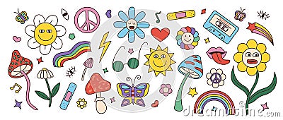 Flower power stickers, retro psychedelic collection. Groovy butterfly, hand drawn daisy, heart and sun, hippie mushroom Vector Illustration