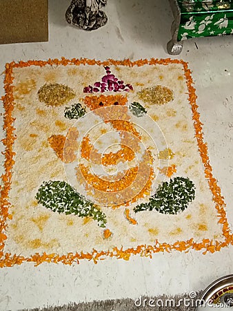 Flower rangoli design of Lord Ganesha Stock Photo