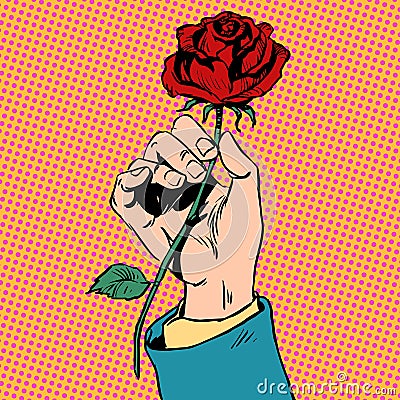 Flower red rose in his hand men love Bud art pop Vector Illustration