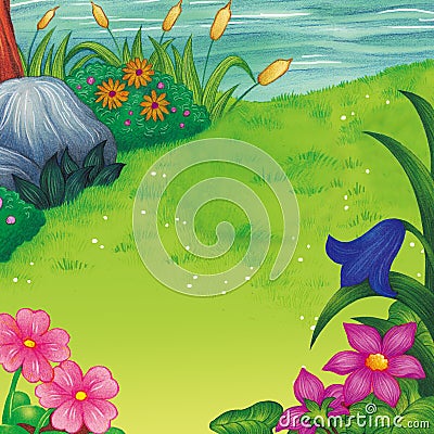 Flower at River Side Colored Pencil Illustration Cartoon Illustration